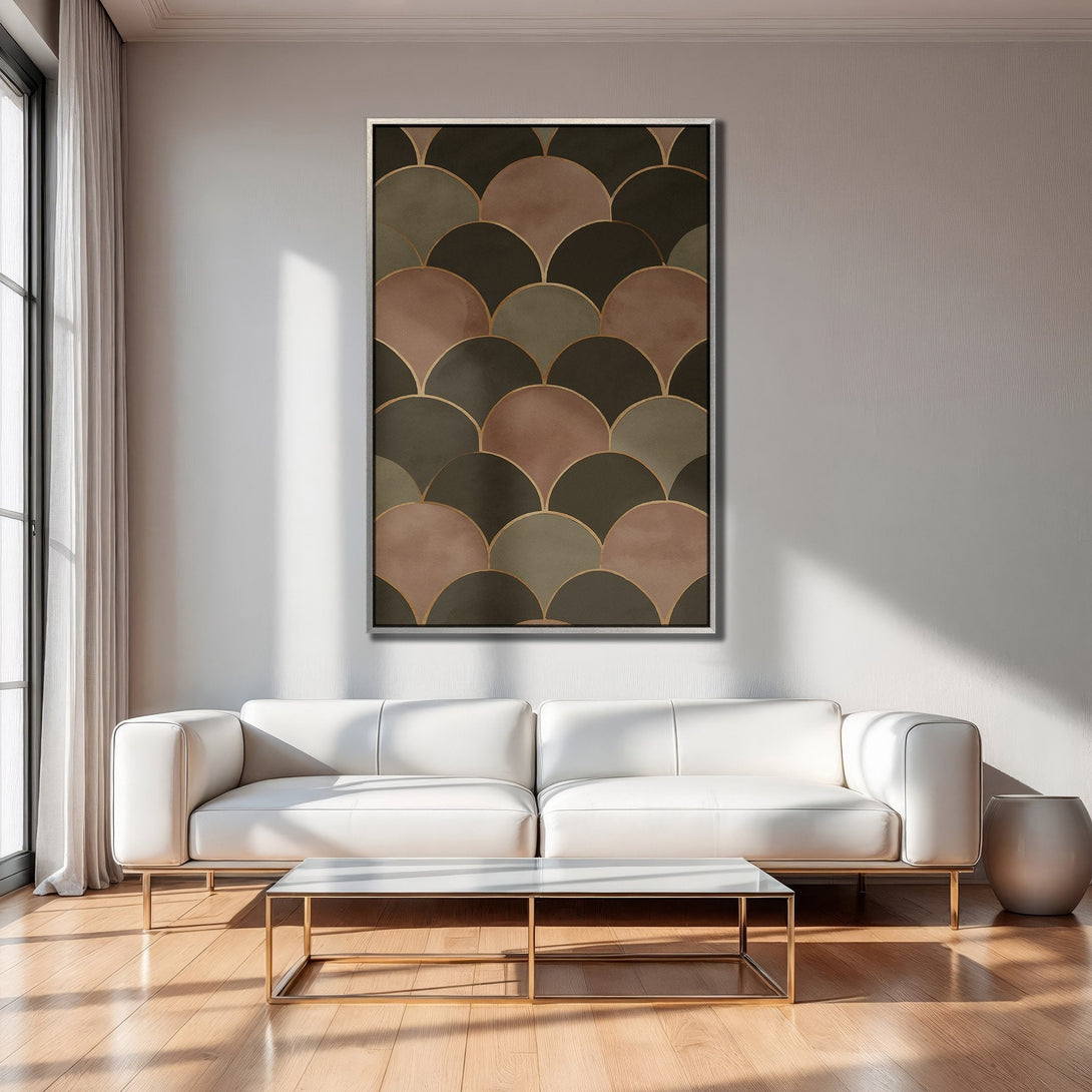Framed Wall Art in a modern interior. Abstract geometric design with earth-tone colors. Elevate your space with this stylish Canvas Print.
