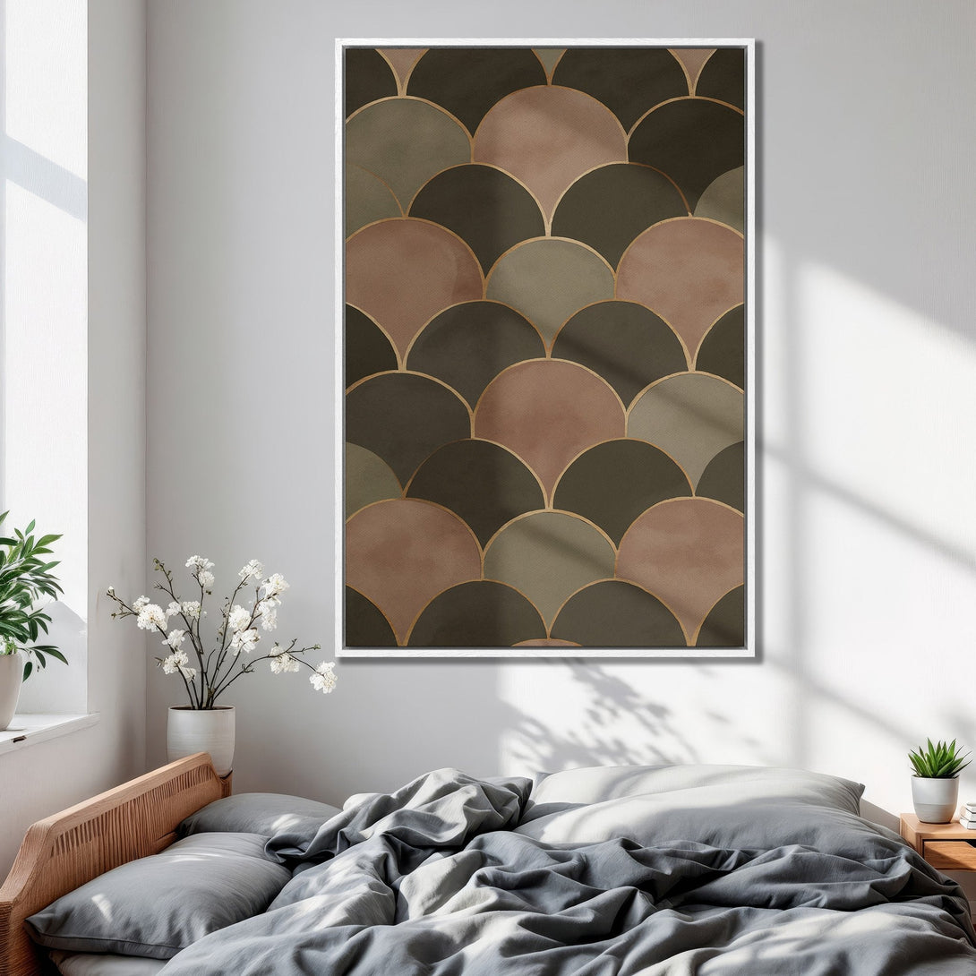 Framed Wall Art featuring a geometric fan pattern in earthy tones. Modern art print adds a touch of elegance to any bedroom decor.