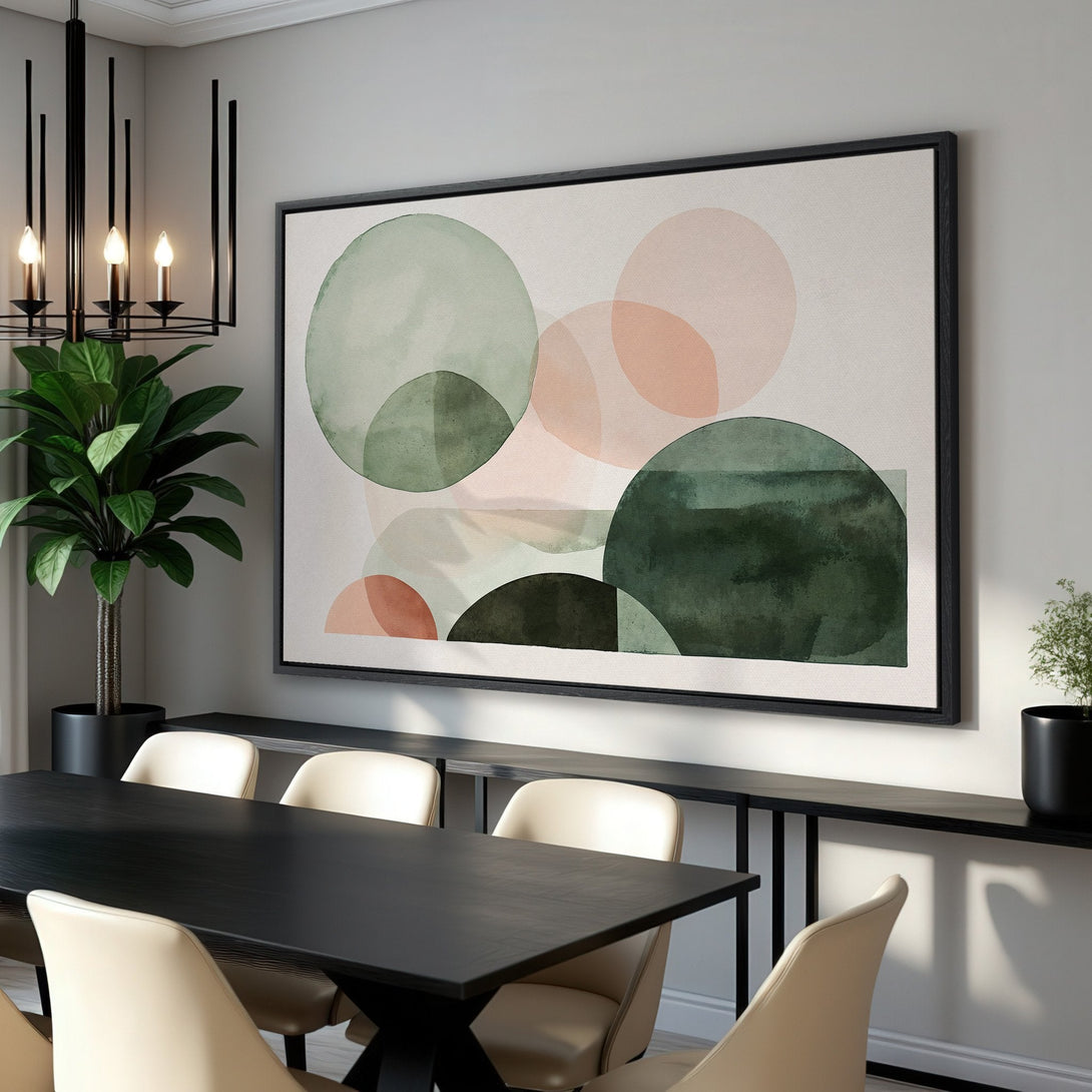Framed Wall Art: Abstract watercolor circles in green and blush tones. Modern art canvas print adds a touch of elegance to any dining room.