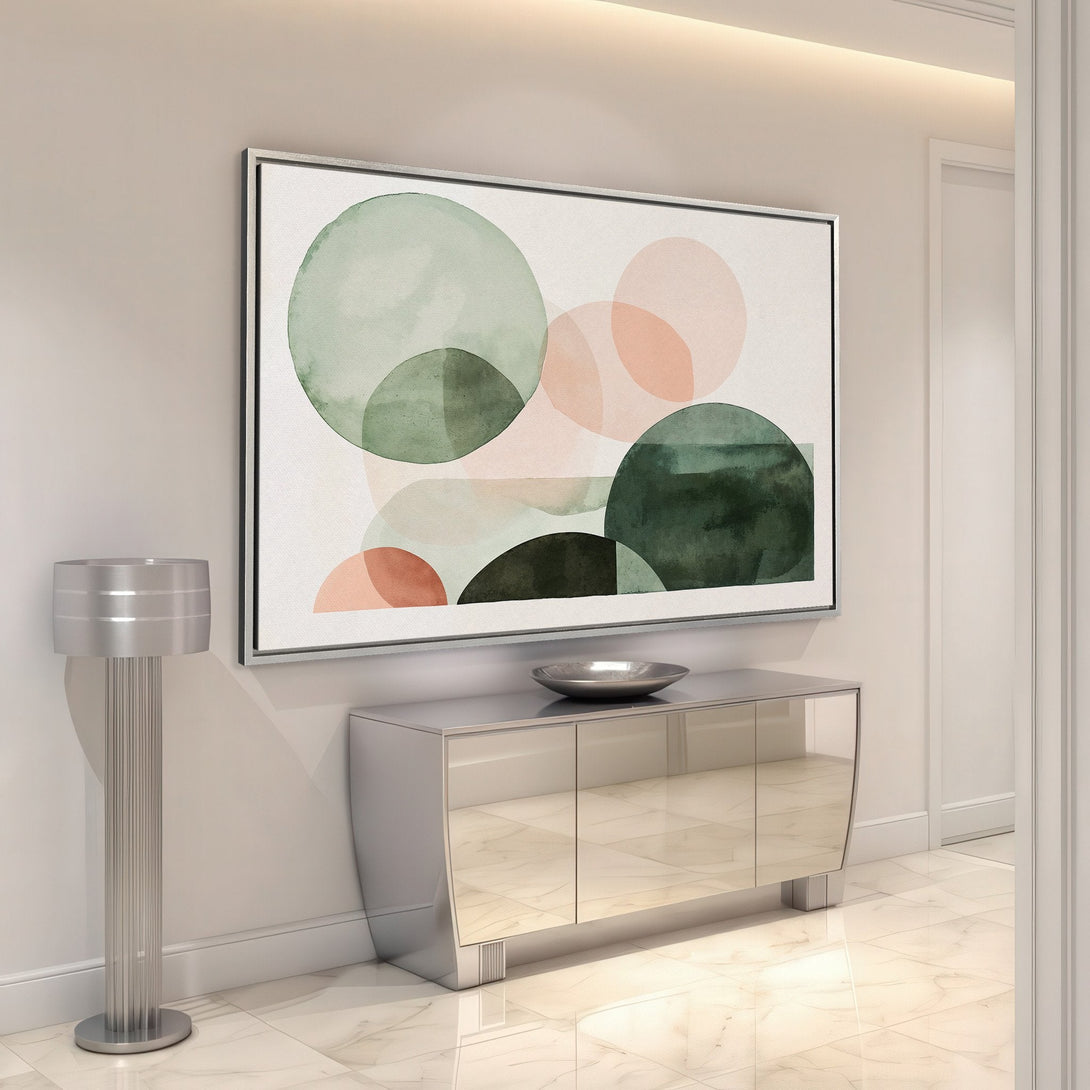 Framed Wall Art: Abstract watercolor circles in green and peach tones. Modern art print perfect for adding a touch of elegance to any space.