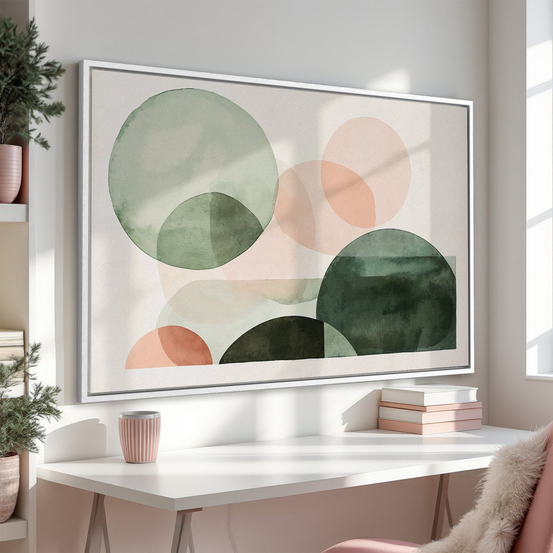 Framed Wall Art: Abstract watercolor art in a modern interior. Features a calming palette of green, peach, and neutral tones. Perfect for home decor.