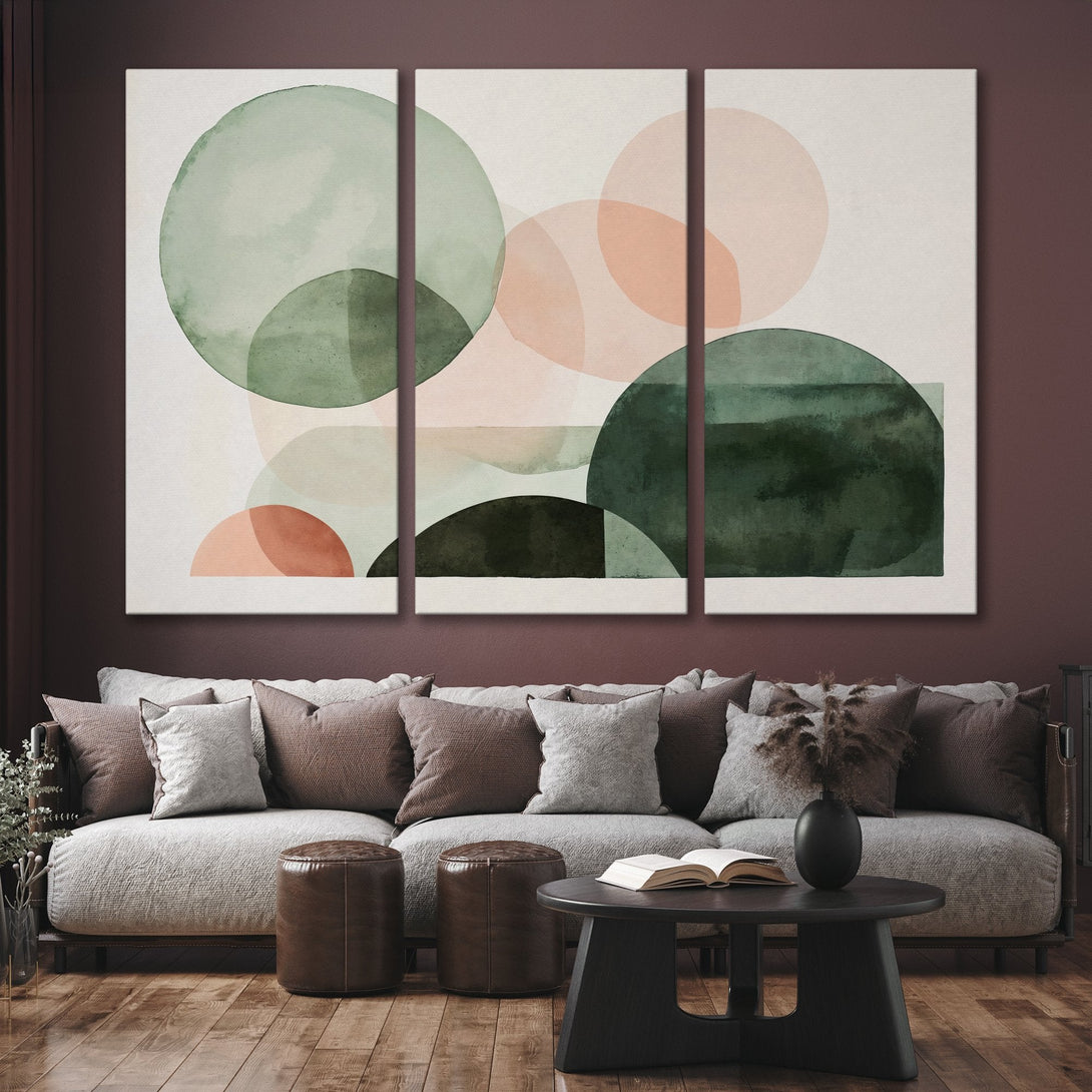 Abstract Canvas Print art featuring watercolor circles in green and peach hues, perfect for modern home decor.