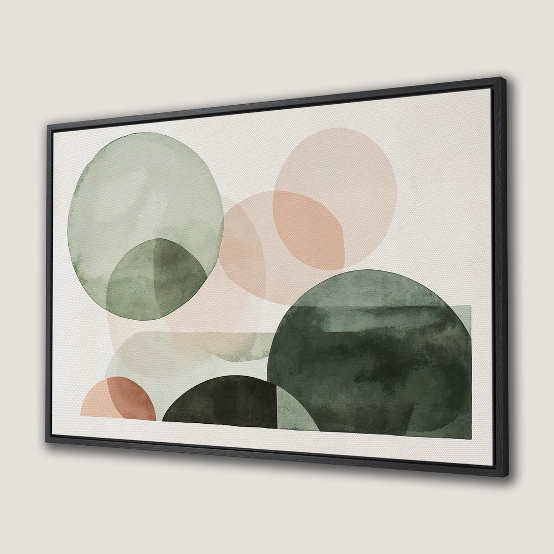 Canvas Print featuring abstract watercolor circles in muted green and blush tones. Modern art for your home.