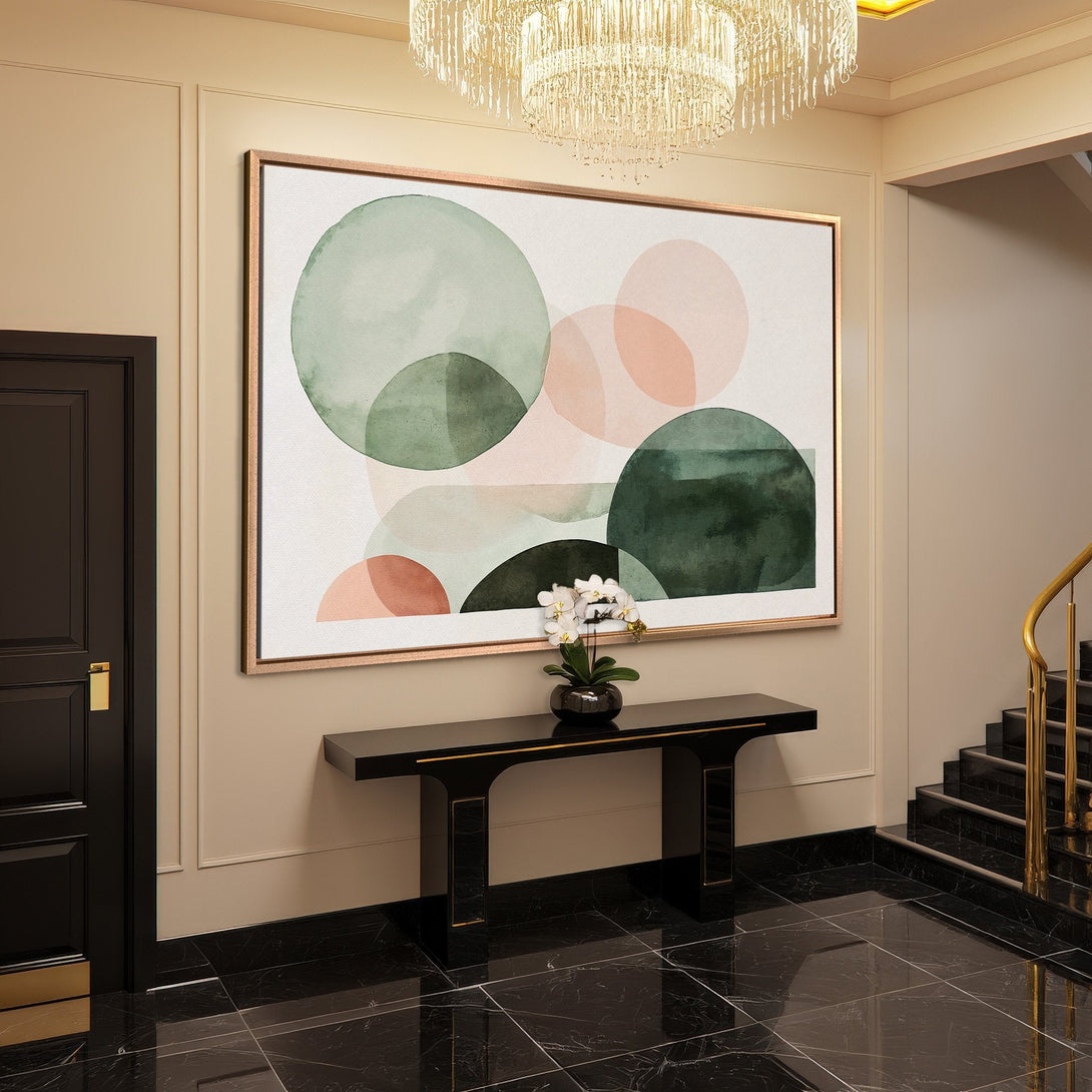 Framed Wall Art: Abstract watercolor circles in green and peach tones. Modern art canvas print adds elegance to entryway decor.