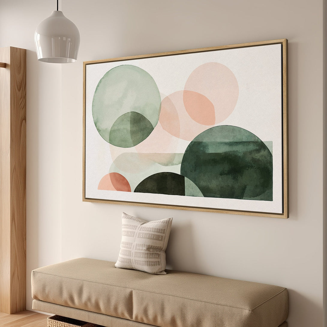 Abstract Canvas Print with watercolor circles in green and peach tones. Modern wall art for a stylish interior.