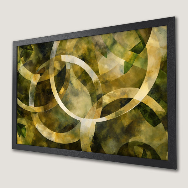 Framed Poster featuring abstract watercolor art with overlapping circles in a green and gold color palette.