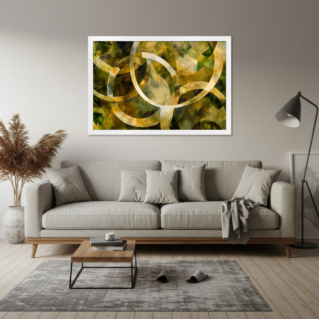 Framed Poster featuring abstract art with overlapping circles, in a green and yellow color palette. Perfect for modern home decor.