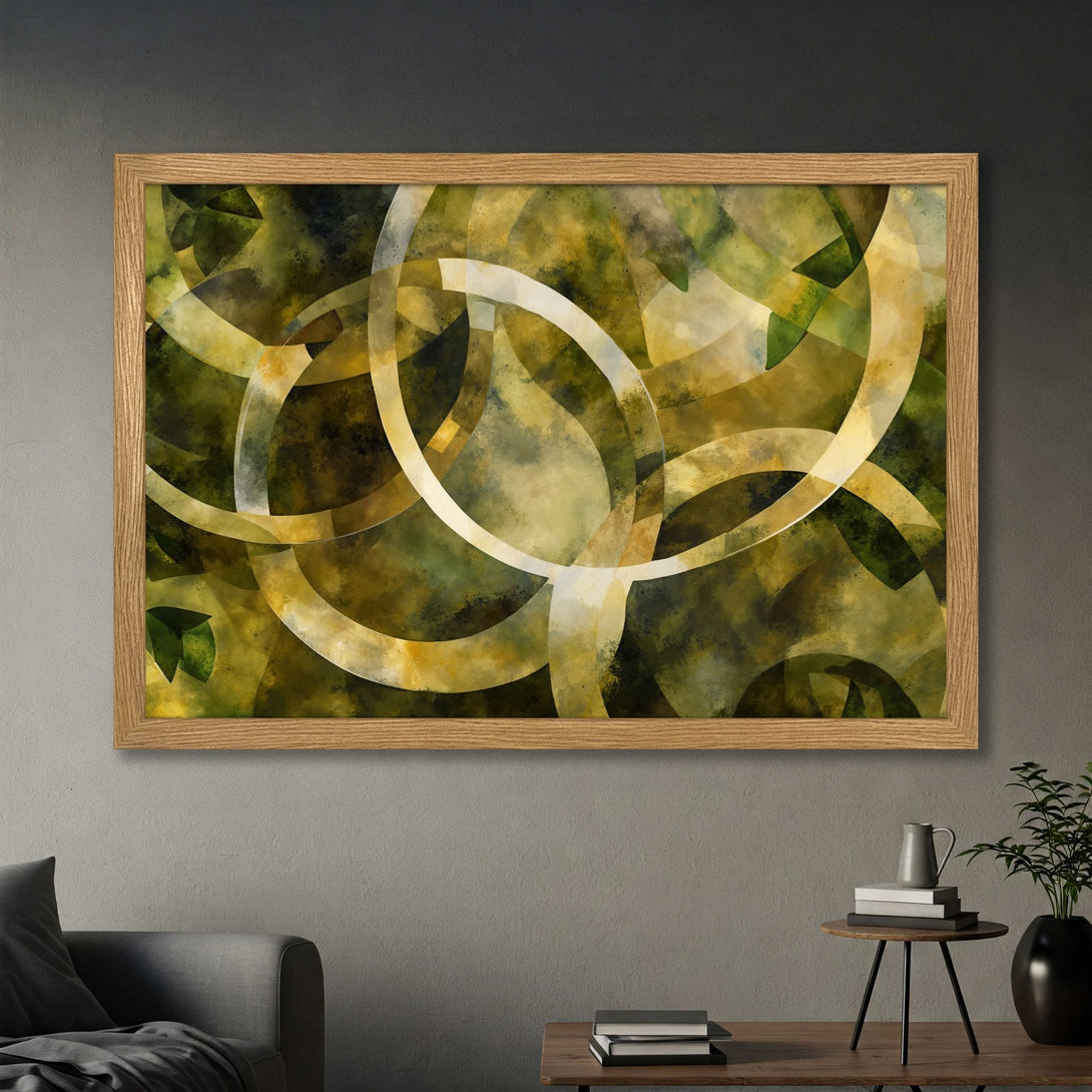 Framed Poster featuring an abstract design with overlapping circles in a green and gold color palette. Modern art for your home!