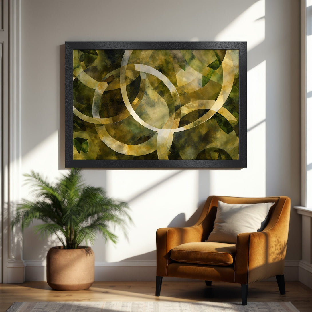 Framed Poster featuring abstract geometric art in a green and gold color palette, perfect for modern home decor.