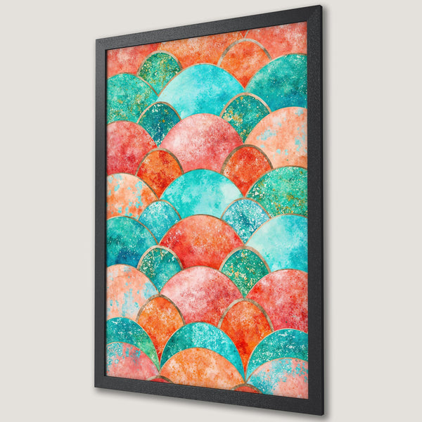 Framed Poster featuring an abstract, watercolor-style design in a vibrant palette of turquoise, coral, and red. Perfect wall art for any space.
