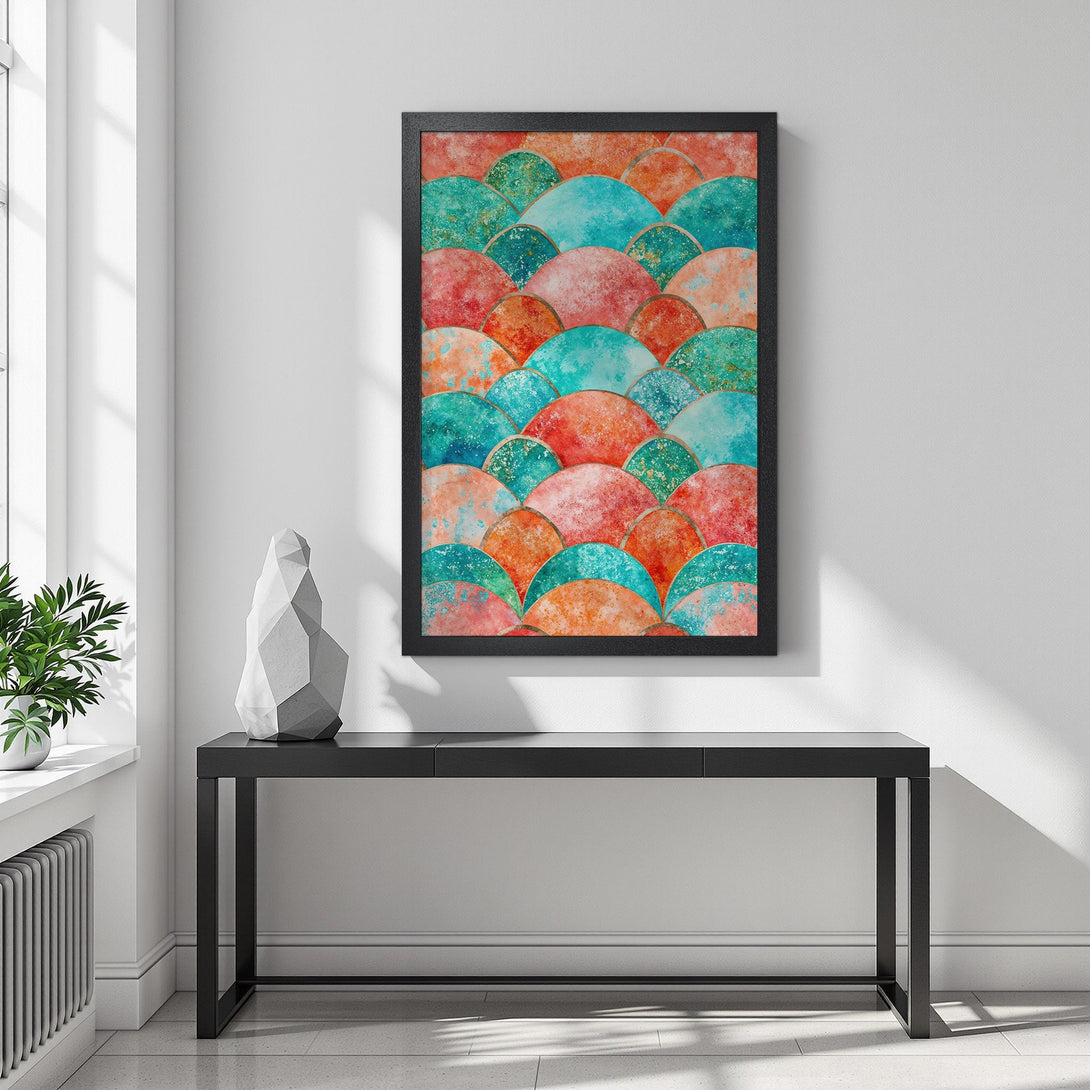 Framed Poster featuring abstract watercolor design in teal, orange, and red. Perfect wall art to brighten any space.