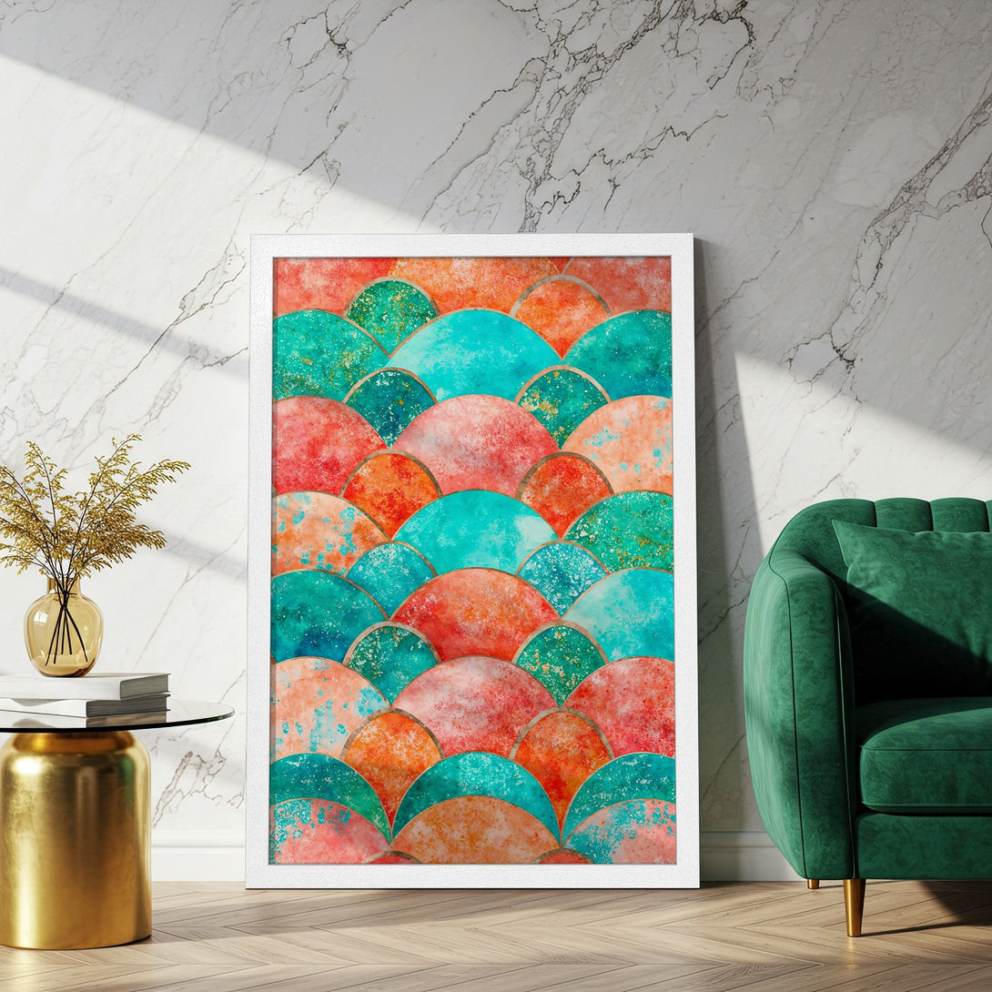 Framed Poster featuring abstract watercolor design in teal, coral, and orange hues. Add a pop of color to your space!