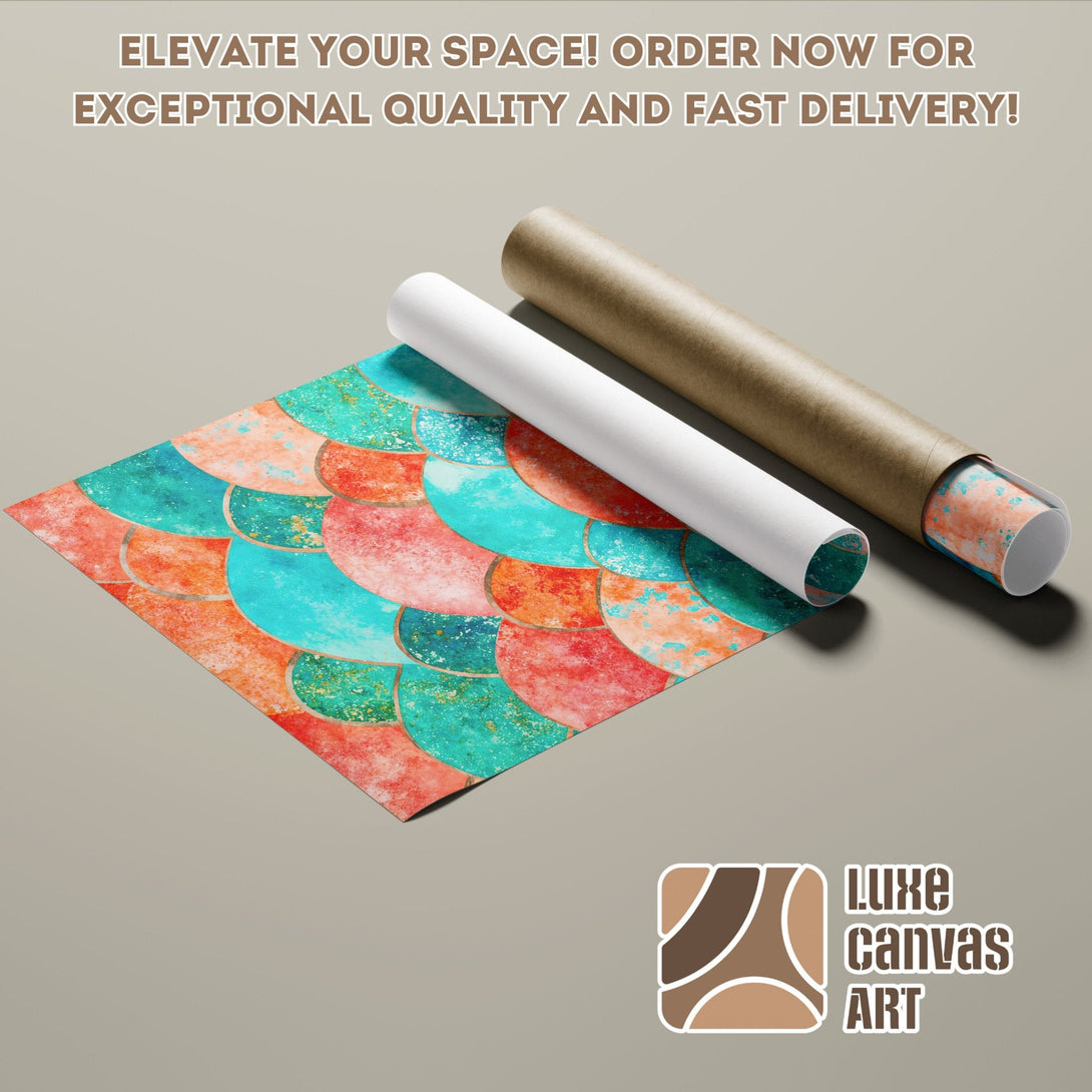 Poster Roll featuring abstract scale design in teal, orange, and gold tones. Elevate your space!