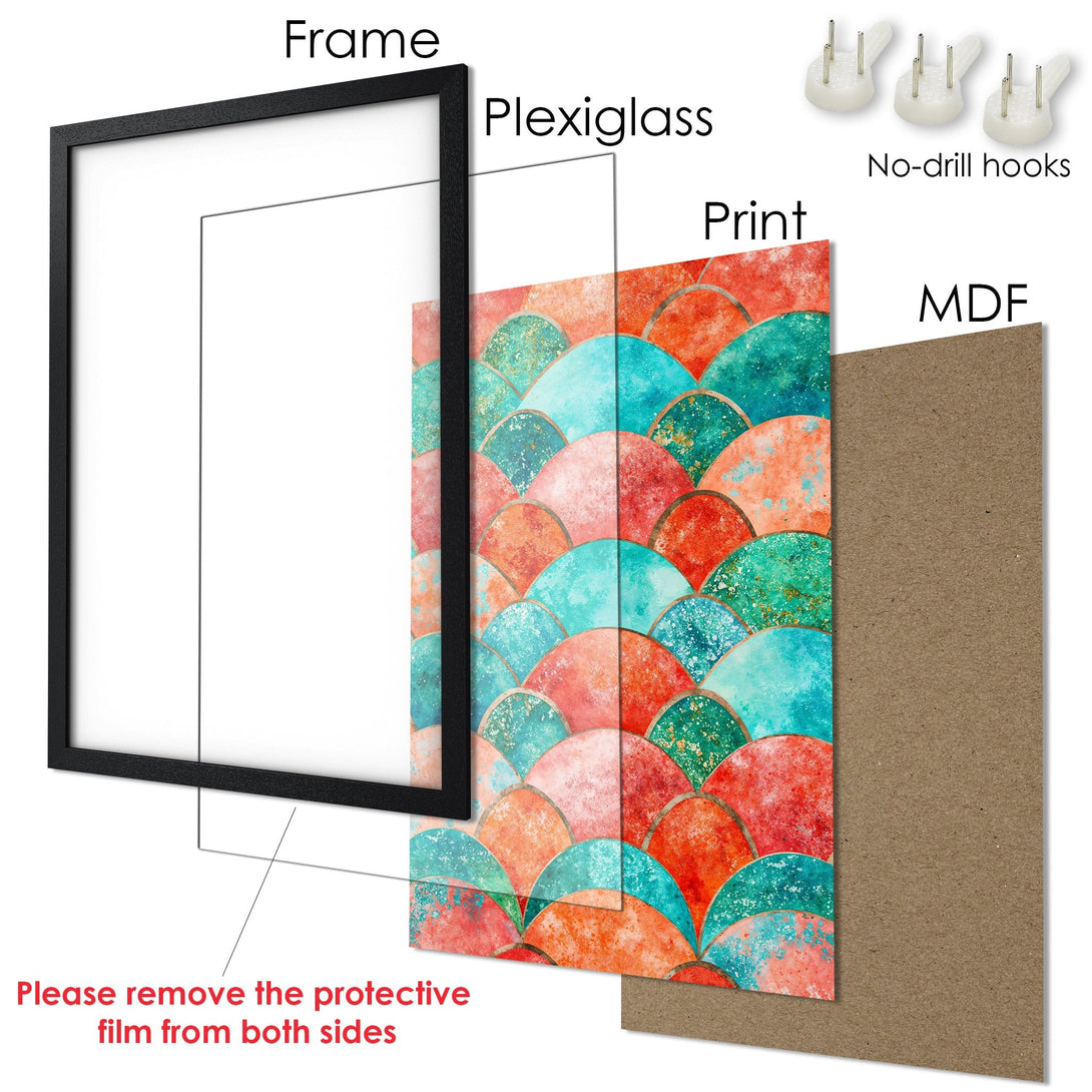 Framed Poster with colorful abstract design. Features a vibrant palette of teal, coral, and gold. Add a touch of art to your space!