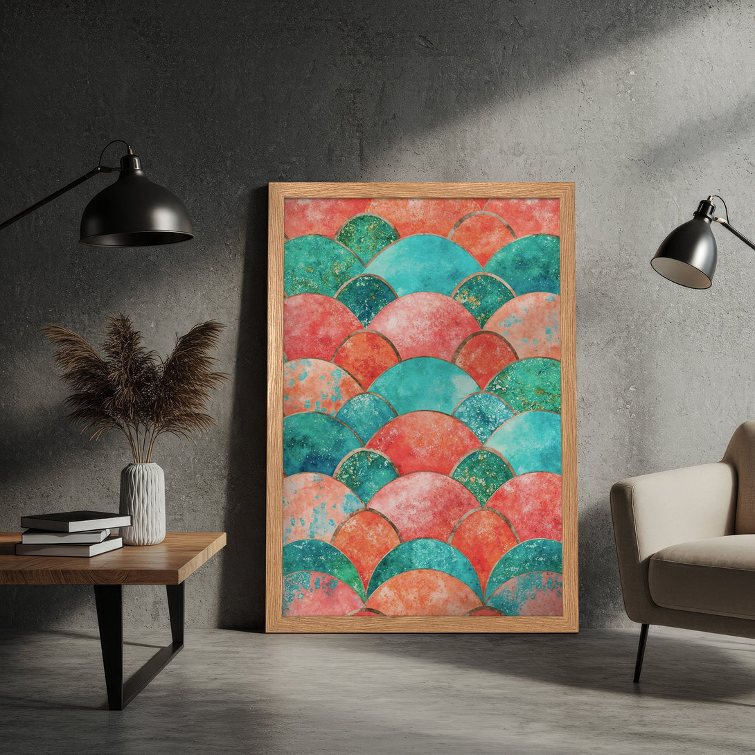 Framed Poster featuring an abstract, watercolor-style design in teal, coral, and gold. Perfect wall art for a modern home.