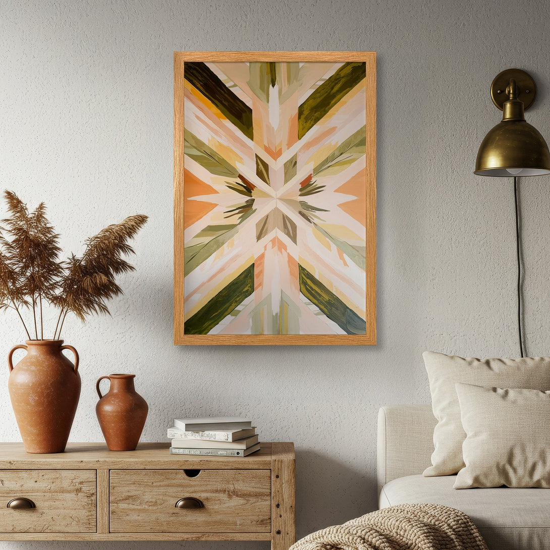 Framed Poster featuring abstract geometric art in warm earth tones. Perfect wall decor for a modern, stylish home.