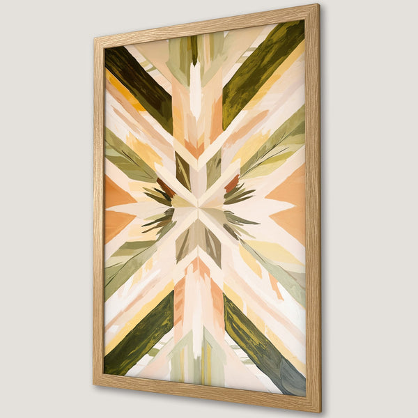 Framed Poster featuring an abstract geometric design in a natural color palette of greens, yellows, and beige. Modern art print for home decor.