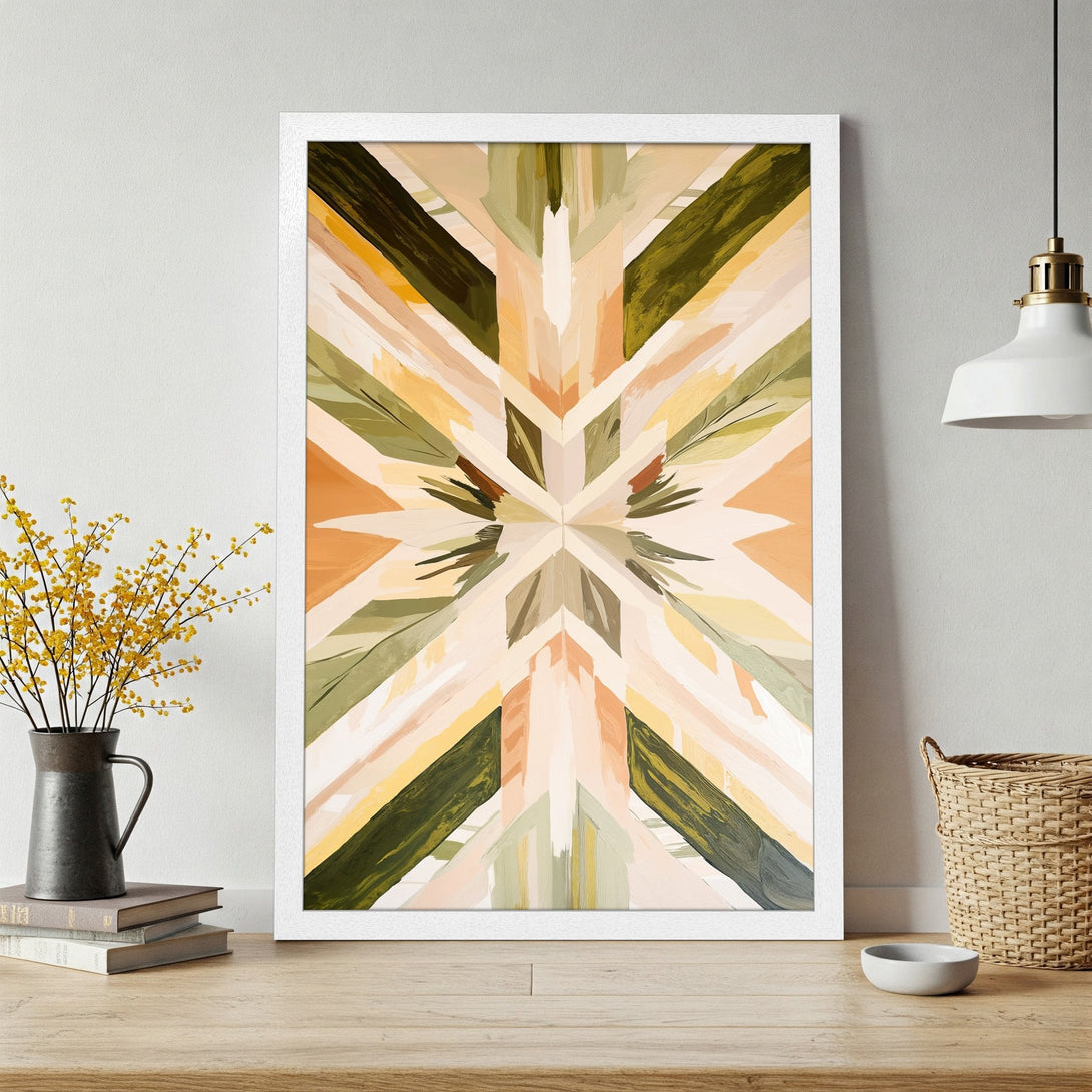 Framed Poster featuring an abstract geometric design in earthy tones. Modern art print with a warm, inviting color palette. Perfect wall decor.