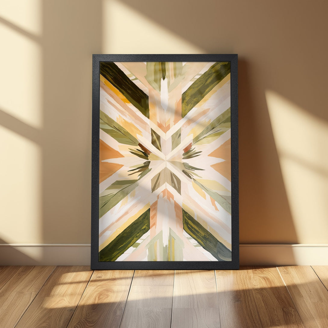 Framed Poster featuring abstract geometric art in earthy tones of green, beige, and orange. Modern art print for home decor.