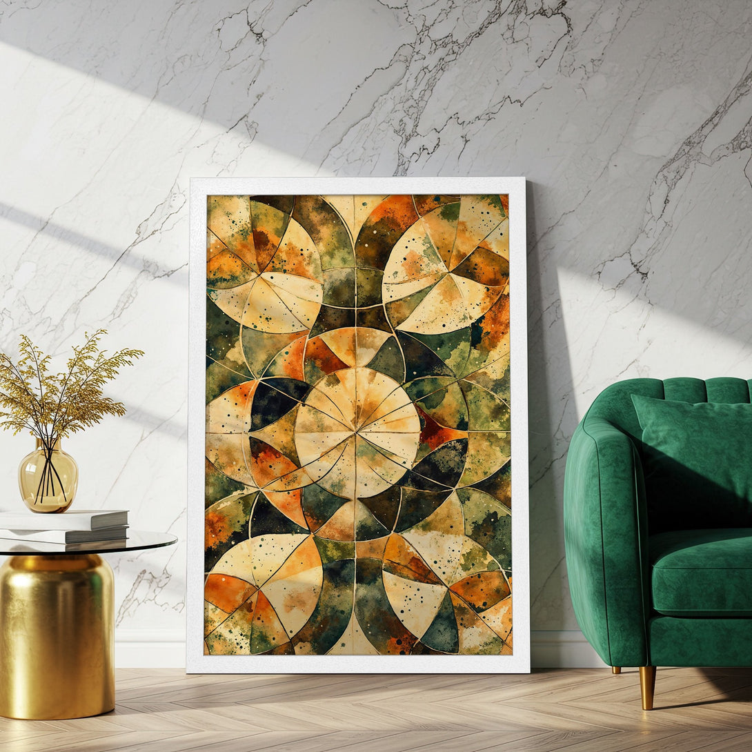 Framed Poster featuring abstract geometric art in warm earth tones. Perfect wall decor for modern homes.