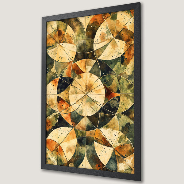 Framed Poster featuring abstract geometric art in warm earth tones. Watercolor style print perfect for home decor.
