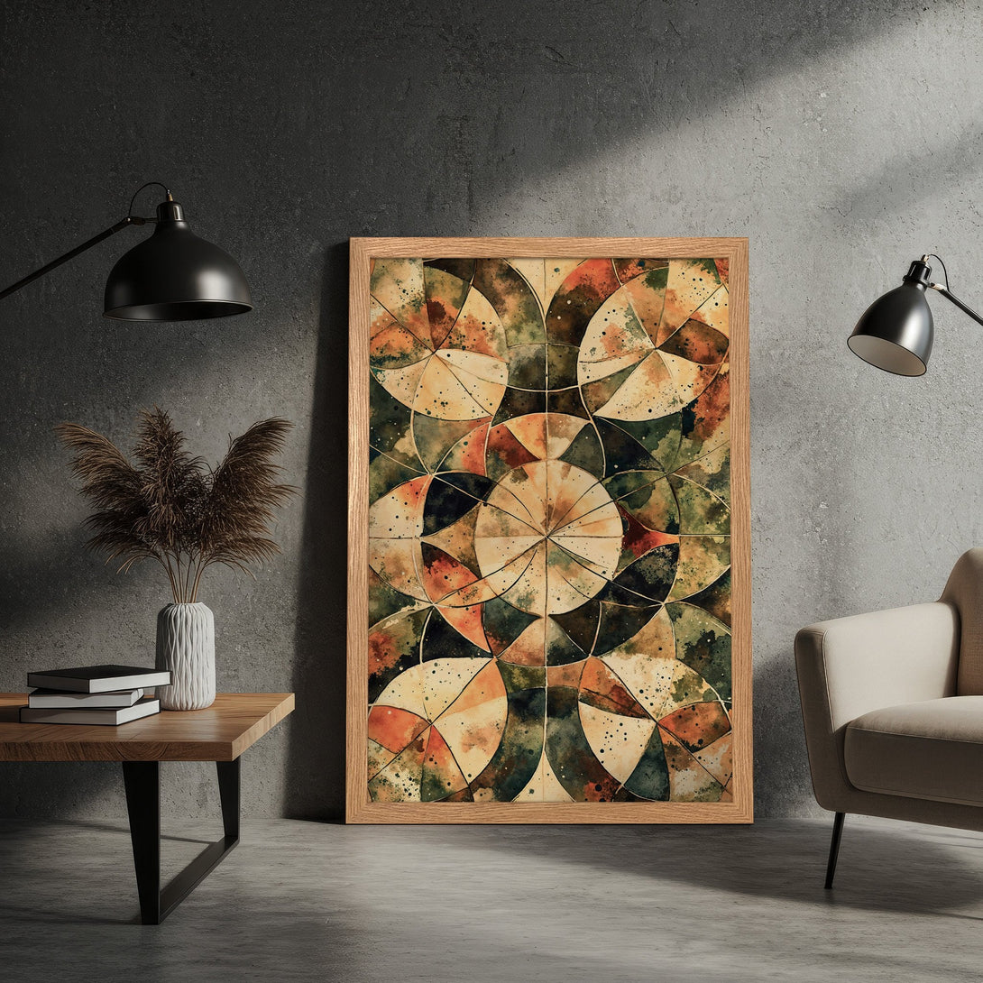 Framed Poster featuring an abstract geometric design in earth tones. Perfect wall art for modern interiors.