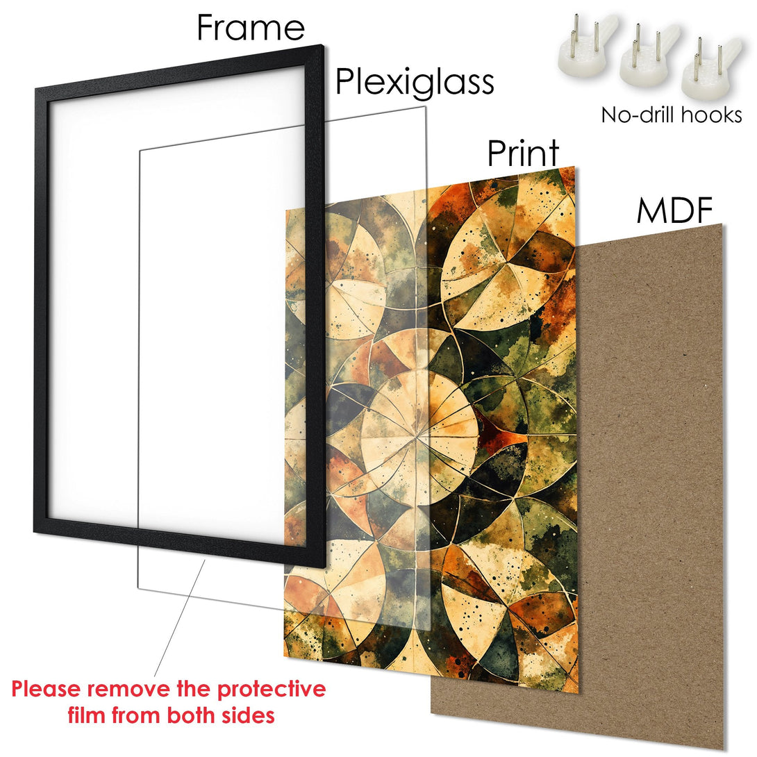 Framed Poster with abstract geometric art in earthy tones. Modern wall decor for home or office. Easy to hang with included hardware.