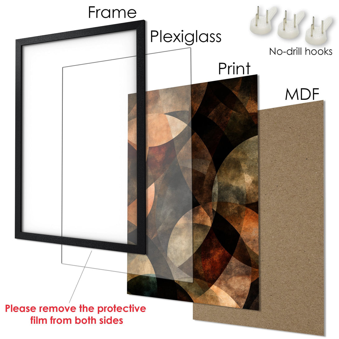 Framed Poster with abstract geometric design in warm earth tones. Ready to hang art for your home!