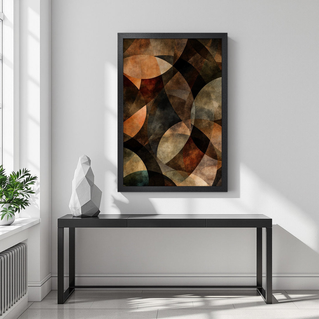 Framed Poster featuring an abstract geometric design in warm earth tones. Modern art for stylish home decor.