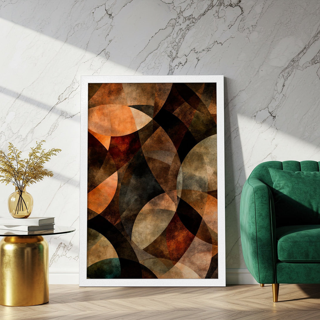 Framed Poster featuring abstract geometric art in warm earth tones. Perfect wall decor for modern interiors.