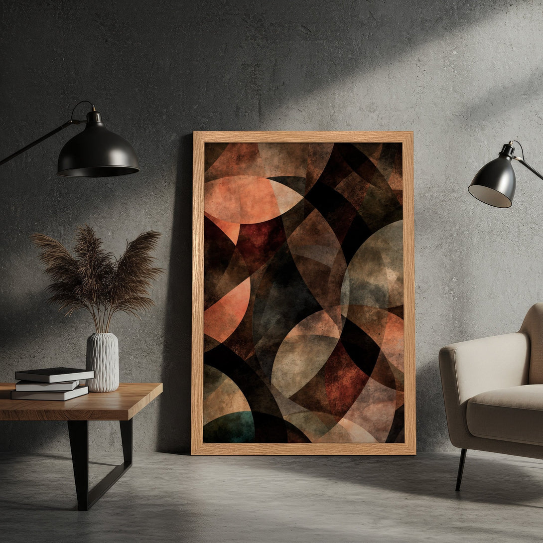 Framed Poster featuring abstract geometric art in warm earth tones. Modern wall decor for living room or bedroom.