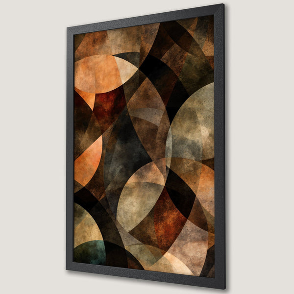 Framed Poster featuring abstract geometric art in earthy tones of brown, orange, and gray. Perfect wall decor.