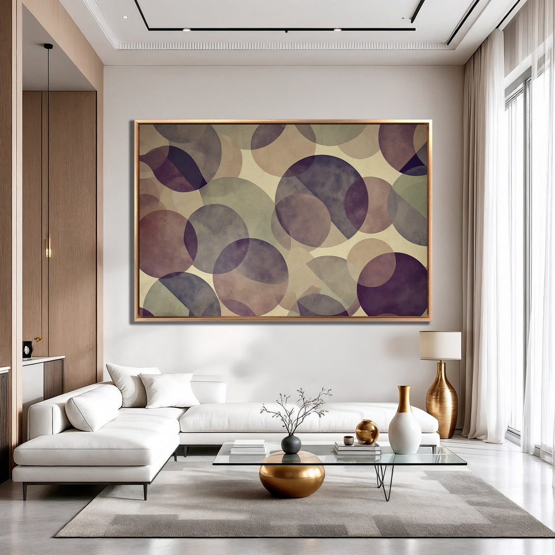 Framed Wall Art featuring abstract circles in a modern interior. Earthy tones of purple, olive, and beige. Elevate your space with this stylish canvas print!