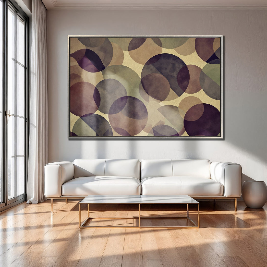 Framed Wall Art featuring abstract geometric circles in a neutral, purple, and beige color palette. Modern art for living room decor.