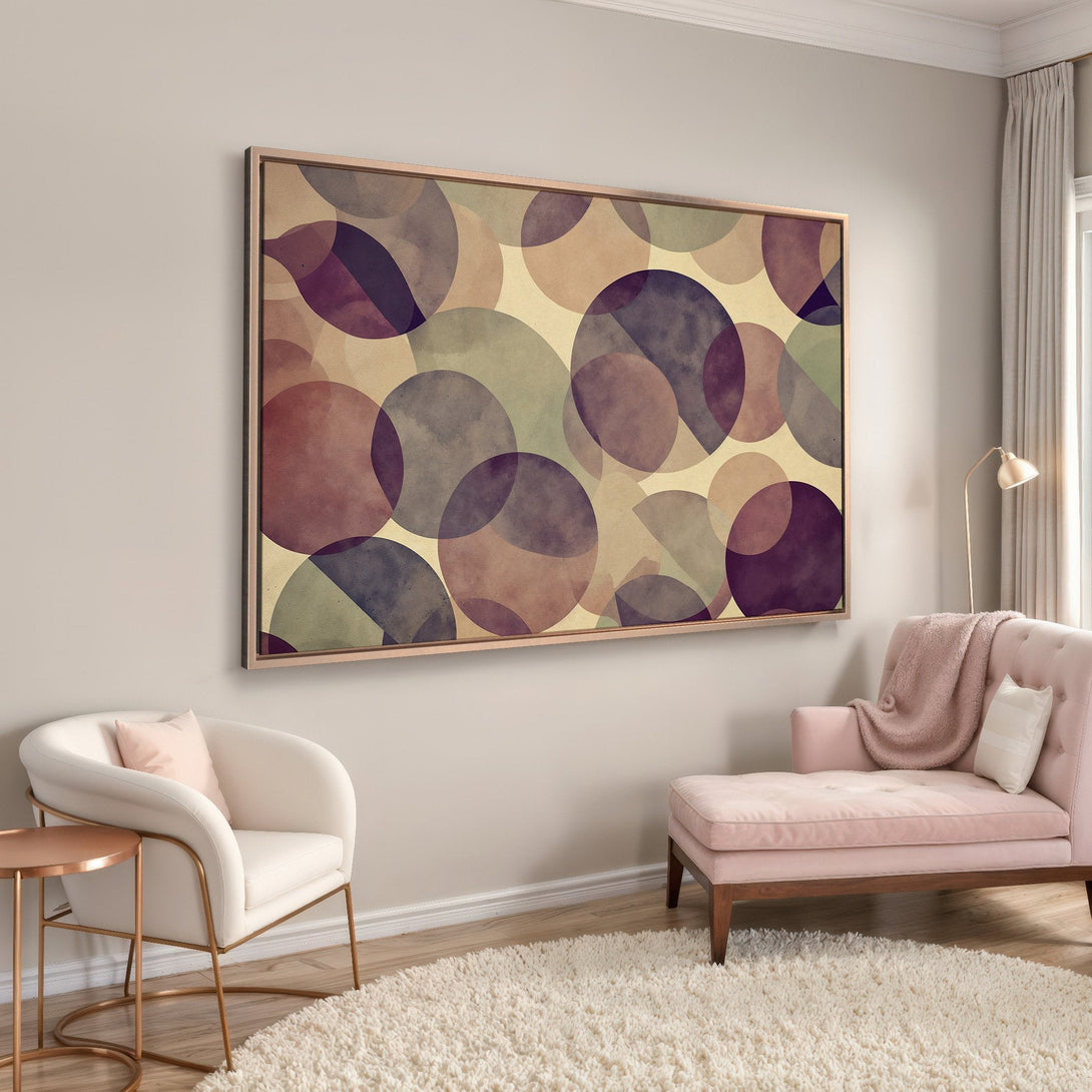 Framed Wall Art featuring abstract circles in muted purple, beige, and green tones. Modern art perfect for adding a touch of elegance to any space.