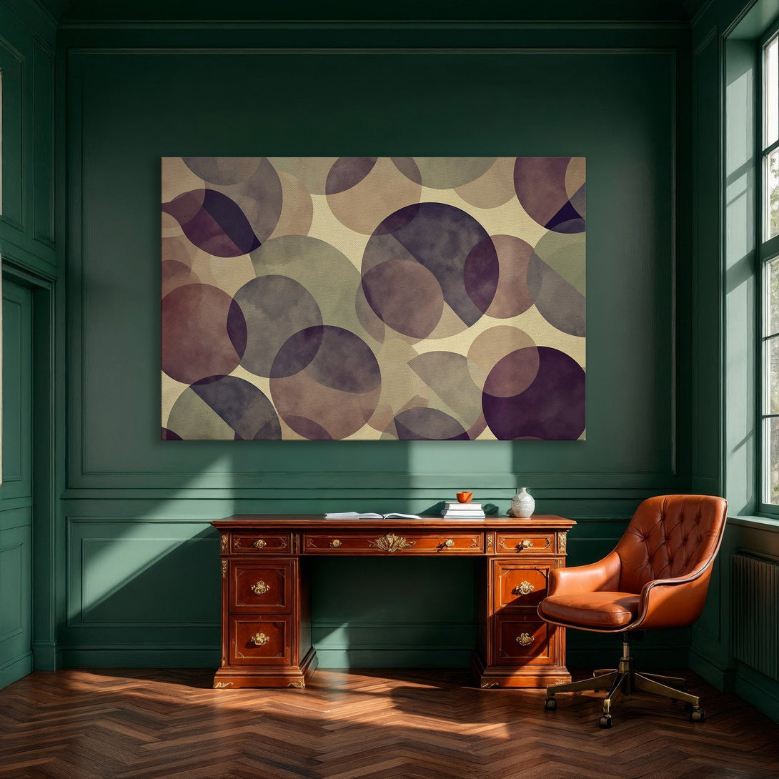 Framed Wall Art: Abstract circles in muted purple and beige tones. Modern art for dining room decor. Enhance your space with this stylish canvas print.