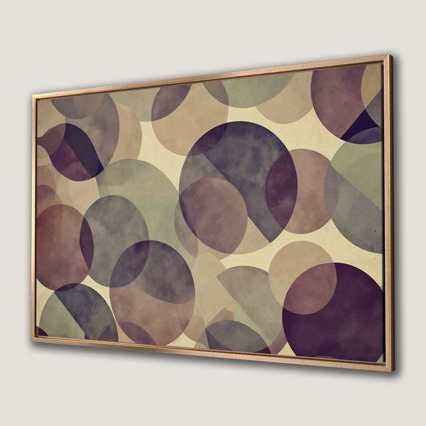 Framed Wall Art featuring an abstract geometric design with overlapping circles in a muted purple and neutral color palette. Perfect for modern decor.