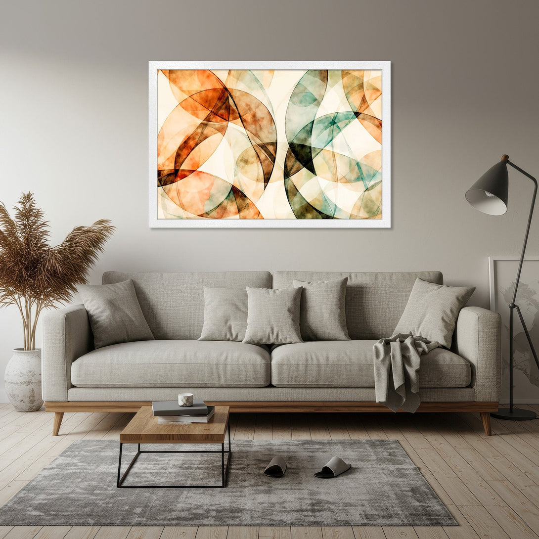 Framed Poster featuring abstract geometric art in warm orange, brown, and teal tones. Modern wall art for your home decor.