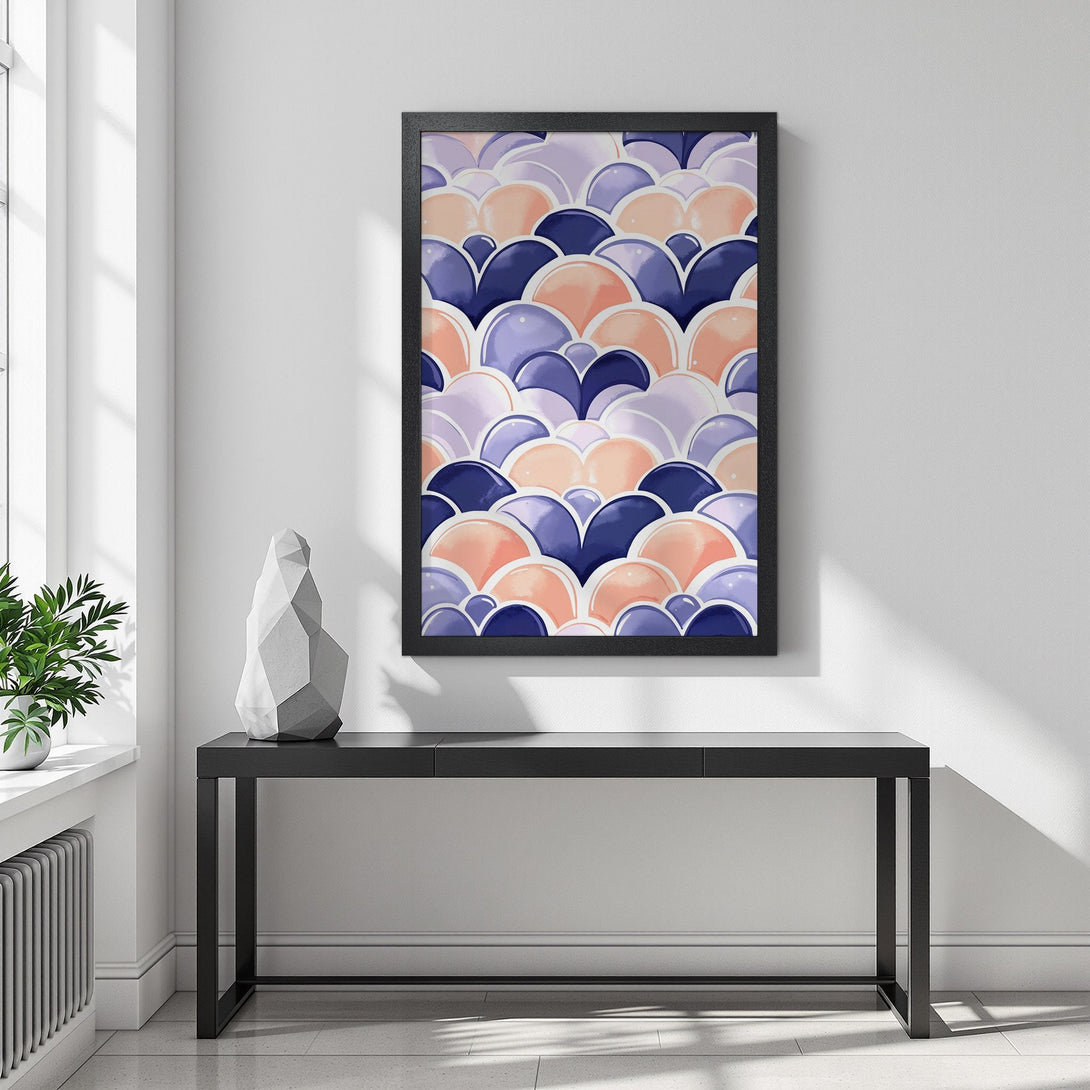 Framed Poster featuring an abstract watercolor design in a modern style with a blue, peach, and purple color palette. Perfect wall art!