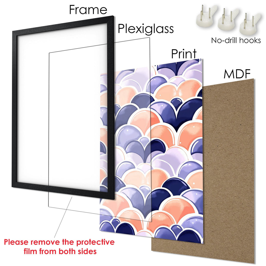 Framed Poster with abstract watercolor design in blue, peach, and lavender. Perfect wall art for any space!