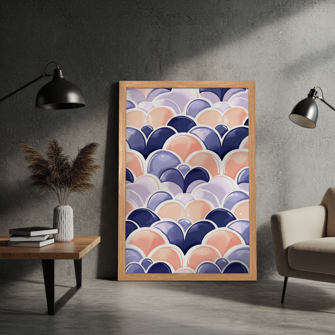 Framed Poster featuring abstract geometric pattern in blue, peach, and lavender. Modern art print for home decor.