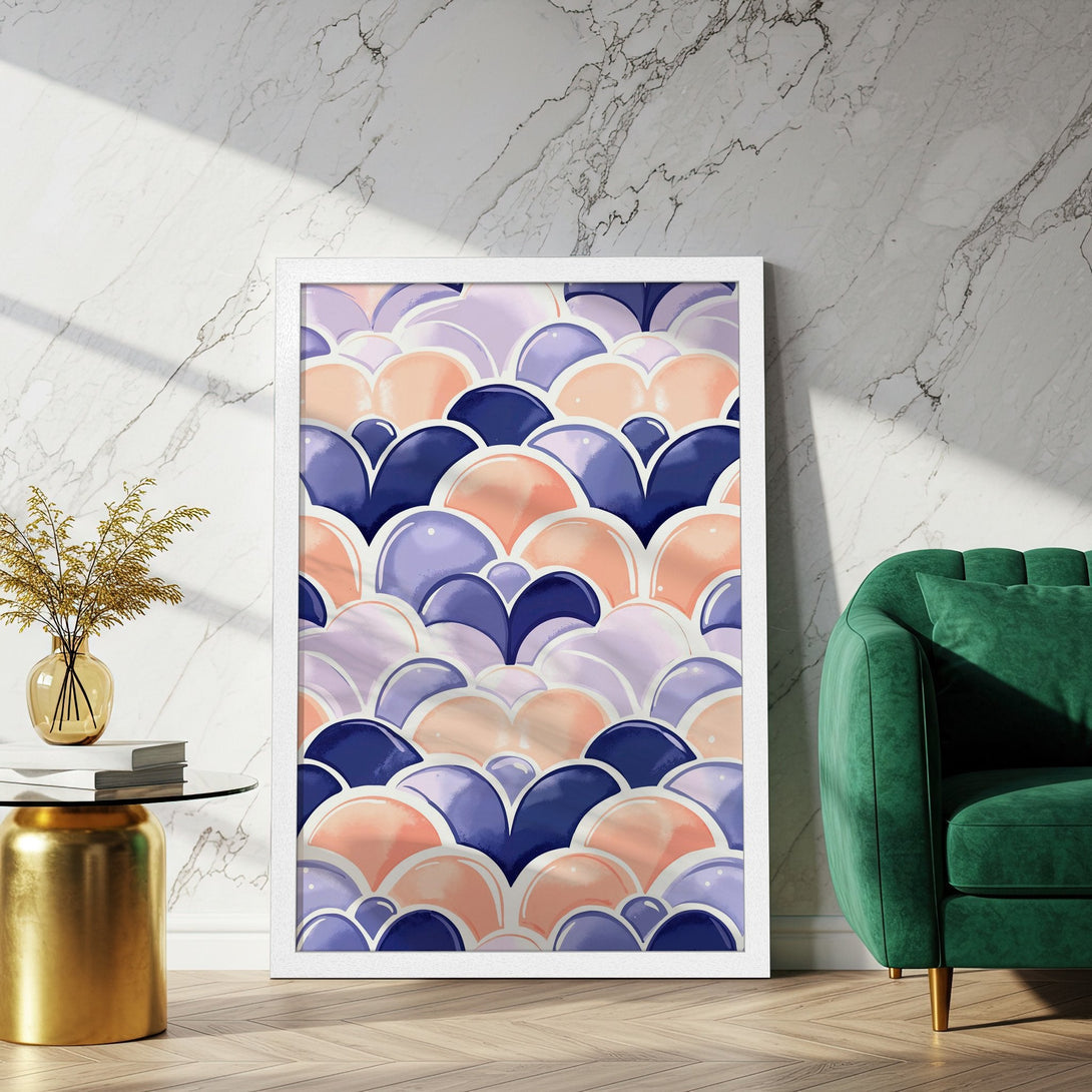 Framed Poster featuring a modern abstract design in a pastel color palette of blue, pink, and purple. Perfect wall art!
