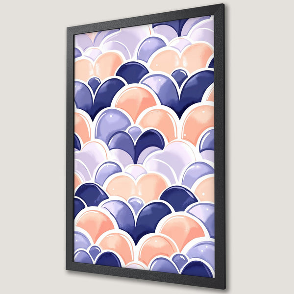 Framed Poster featuring a watercolor abstract design in blue, peach, and lavender. Perfect wall art for modern decor.
