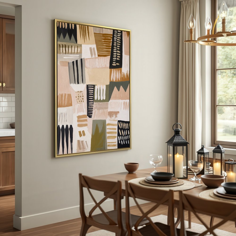 Abstract Canvas Print in neutral tones. Modern art with beige, black, and olive green palette. Perfect wall decor for a stylish home.