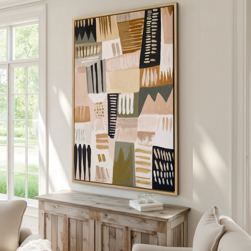 Framed Wall Art: Abstract art canvas print in neutral tones. Modern art with beige, black, and olive green palette. Perfect for living room decor.