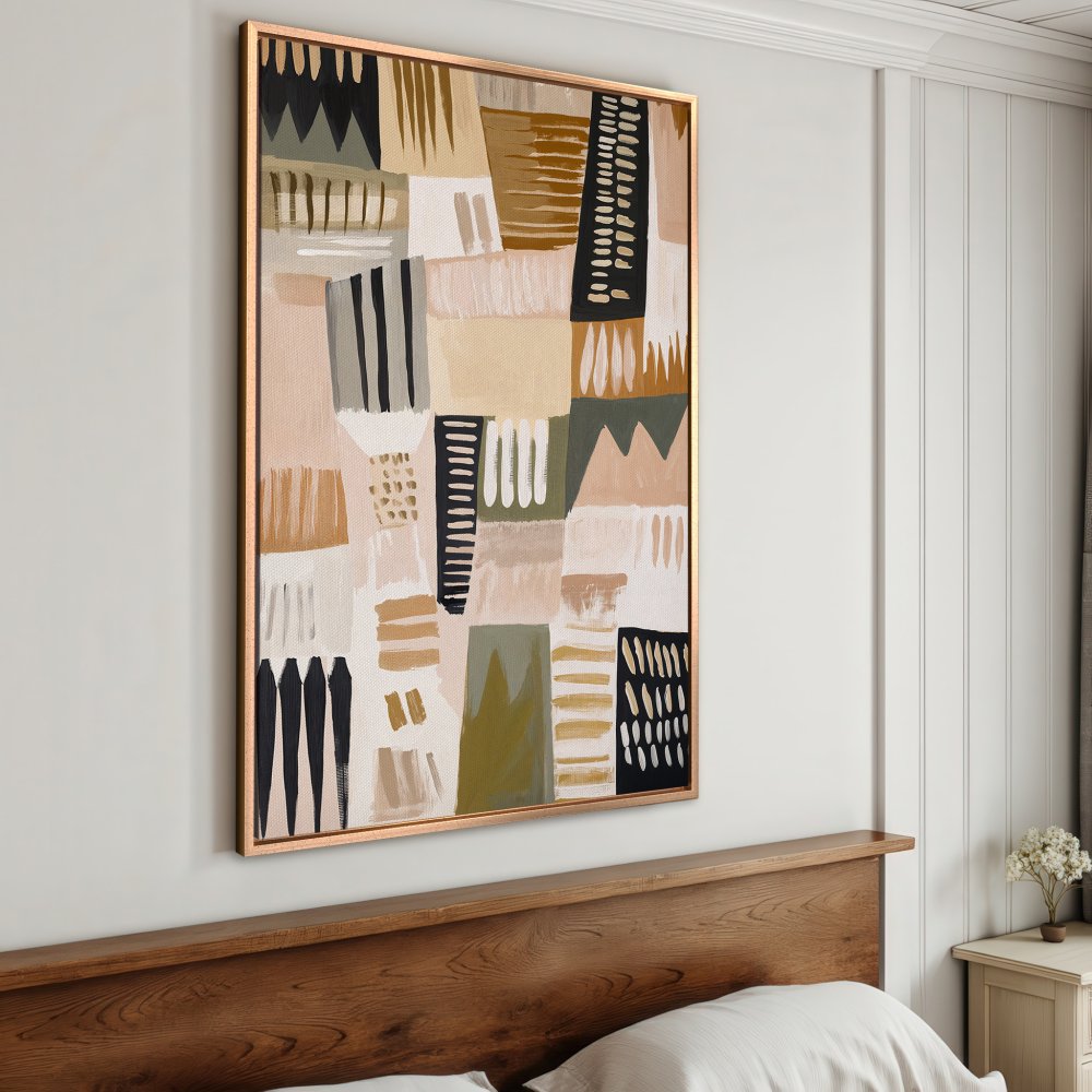 Framed Wall Art: Abstract geometric Canvas Print in neutral tones. Modern art for your home, featuring beige, black, and olive green.
