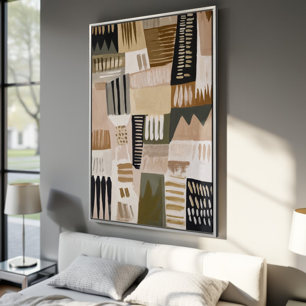 Abstract Canvas Print art in neutral tones, perfect for modern bedroom decor. Featuring a geometric design with beige, brown, and black accents.