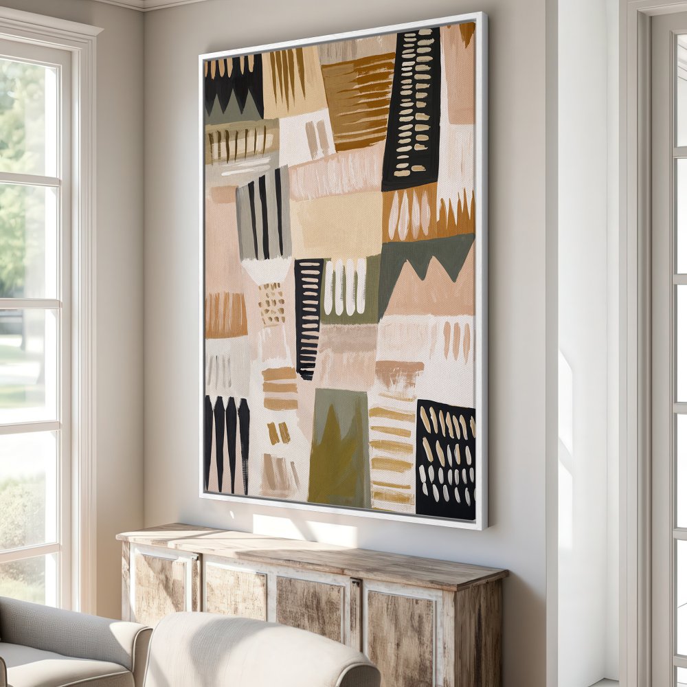 Abstract Canvas Print in neutral tones, perfect for modern home decor. Features geometric shapes in beige, black, and olive green.