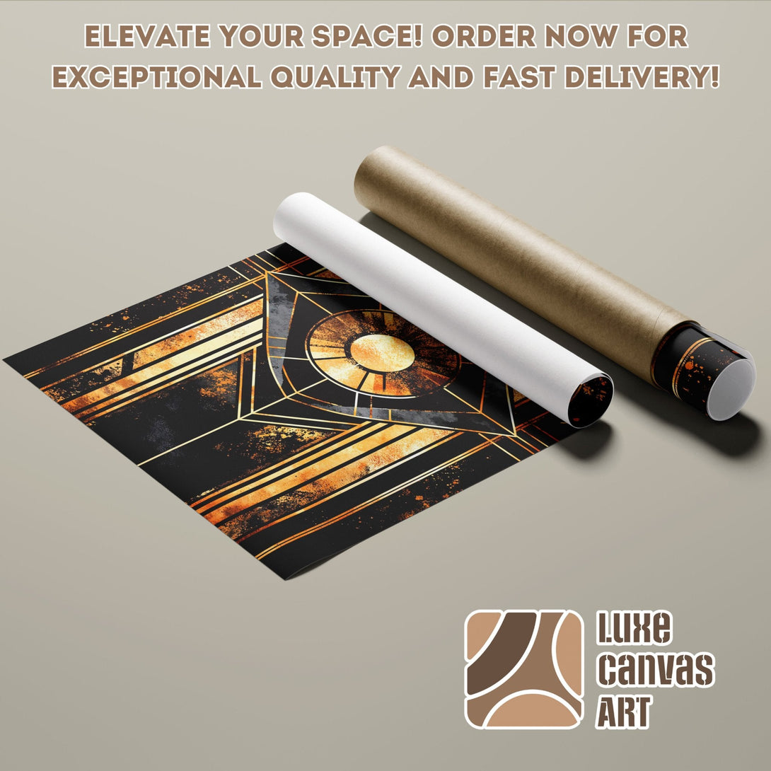 Art Deco Poster Roll in black, gold, and orange. Elevate your space with Luxe Canvas Art!