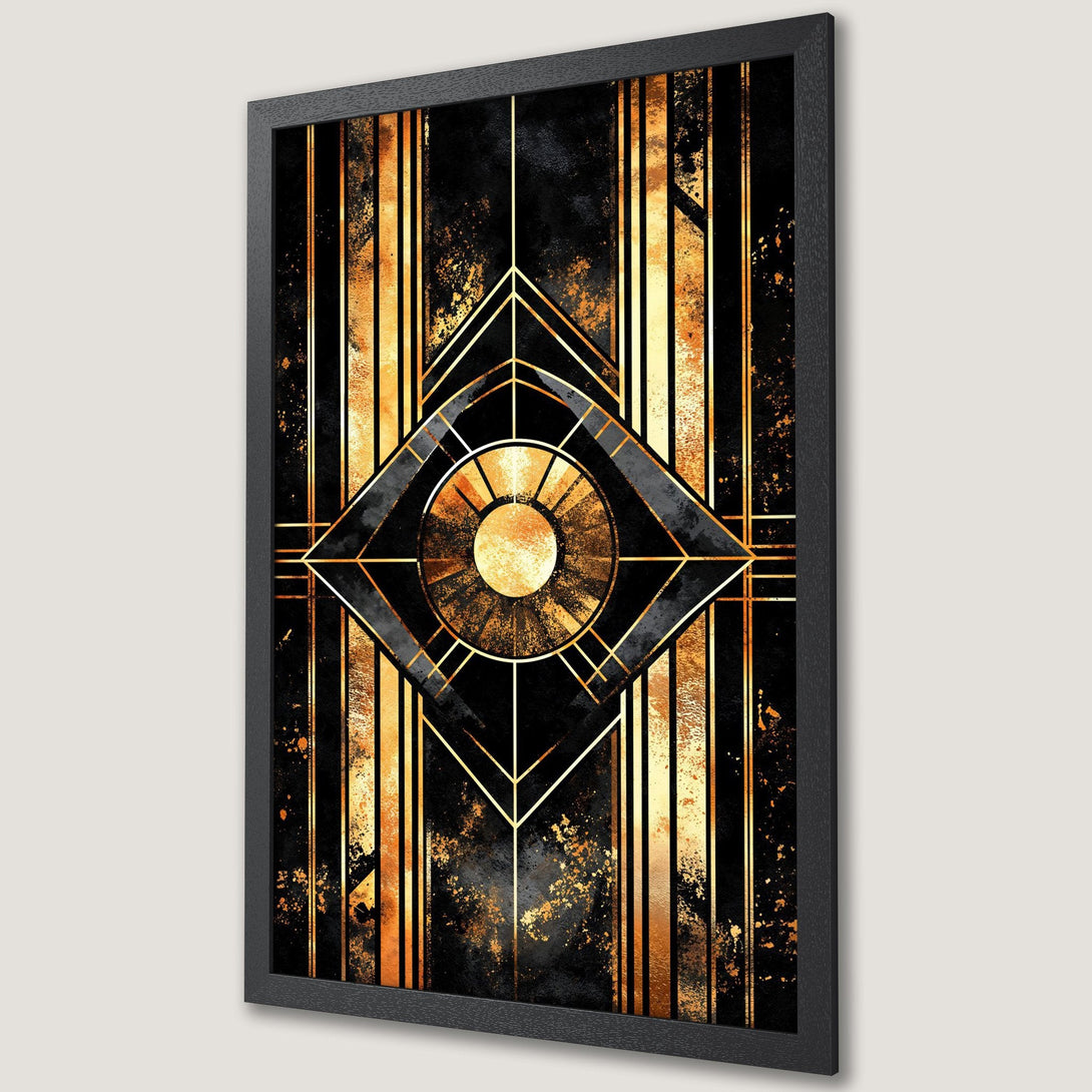 Framed Poster featuring Art Deco design in black and gold. Modern wall art, perfect for home decor.